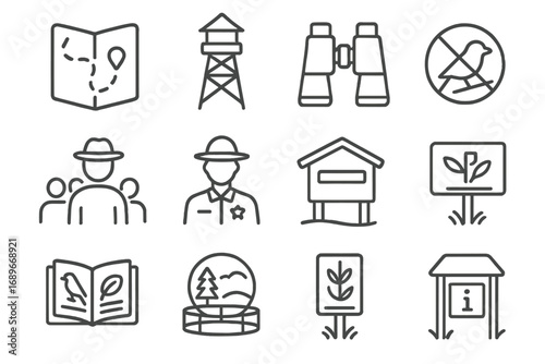 Nature Reserve Icons. Line style icons of nature reserves: trail map, observation tower, wooden sign, field binoculars, guided