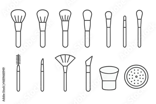 Cosmetic Brush Icons. Line style icons of cosmetic brushes: powder brush, blush brush, contour brush, foundation brush, concealer