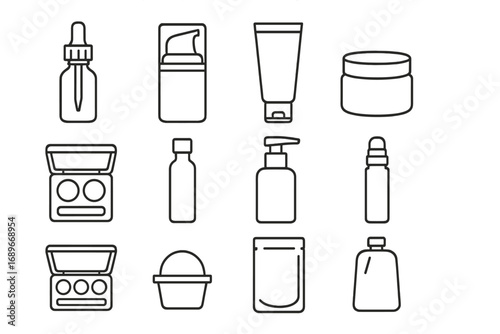 Cosmetic Packaging Icons. Line style icons of cosmetic packaging: dropper bottle, airless pump, cosmetic tube, round jar, square