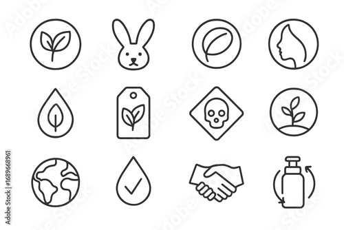Beauty Certification Line Icons. Line style icons of beauty certifications: organic certified label, cruelty-free mark, vegan