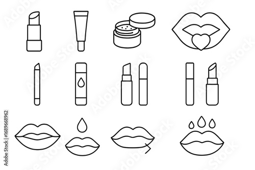 Lip Care Icons. Line style icons of lip care: lip balm stick, lip gloss tube, lip scrub jar, lip mask, lip liner, hydrating balm,