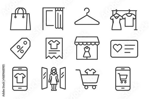 Fashion Shopping Icons. Line style icons of fashion shopping: shopping bag, fitting room, hanger icon, clothing rack, sale tag,