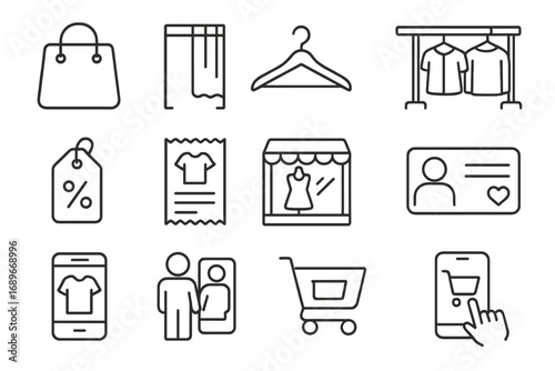 Fashion Shopping Icons. Line style icons of fashion shopping: shopping bag, fitting room, hanger icon, clothing rack, sale tag,