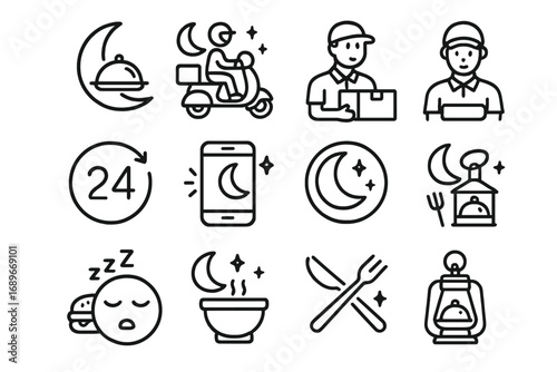 Late-Night Delivery Icons. Line style icons of late-night delivery: moon with tray, midnight delivery bike, late dinner box, night