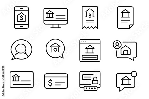 Online Banking Icons. Line style icons of online banking: mobile banking app, desktop dashboard, digital receipt, online loan form