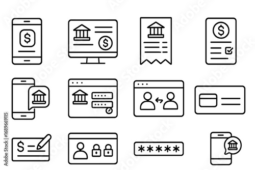 Online Banking Icons. Line style icons of online banking: mobile banking app, desktop dashboard, digital receipt, online loan form