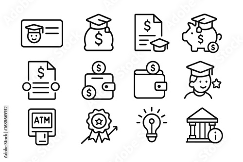 Student Banking Icons. Line style icons of student banking: student card, education loan icon, tuition fee icon, savings for