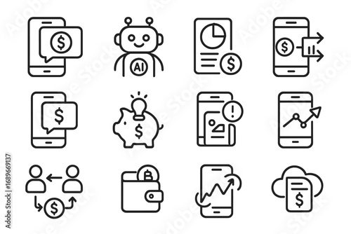 Fintech App Icons. Line style icons of fintech apps: mobile loan, AI finance bot, budget tracker, automatic expense categorization