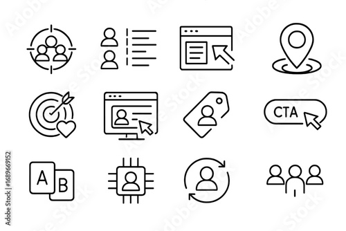 Personalization Targeting Icons. Line style icons of personalization and targeting: custom audience icon, segmented list, dynamic