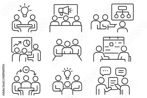Marketing Icons Set. Line style icons of marketing meetings and collaboration: brainstorm icon, campaign kickoff, team board,