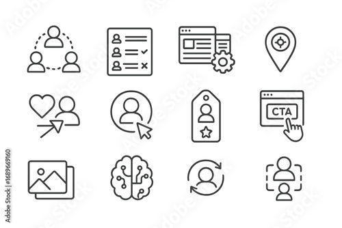 Personalization Targeting Icons. Line style icons of personalization and targeting: custom audience icon, segmented list, dynamic