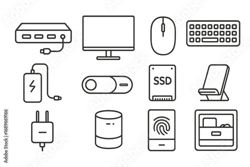 Workspace Tech Icons. Line style icons of tech in workspace: docking station, external display, wireless mouse, Bluetooth keyboard