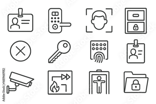 Access Security Icons. Line style icons of access and security: office access card, smart lock, face recognition, secure file