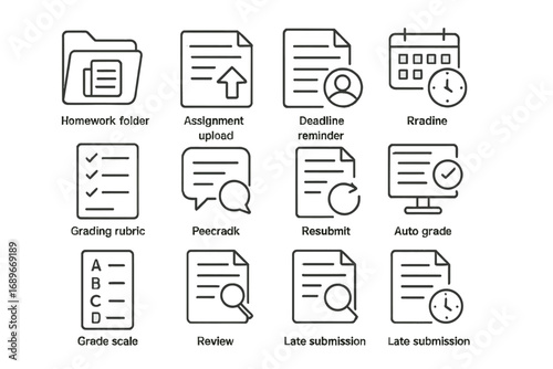 Online Assignments Icons. Line style icons of online assignments and grading: homework folder, assignment upload icon, deadline