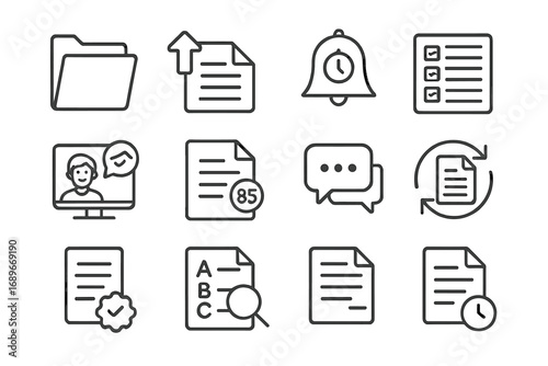 Online Assignments Icons. Line style icons of online assignments and grading: homework folder, assignment upload icon, deadline