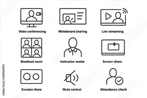 Remote Teaching Icons. Line style icons of remote teaching tools: video conferencing icon, whiteboard sharing, live stream