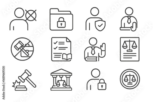 Legal Ethics Icons. Line style icons of legal ethics: conflict of interest, confidentiality icon, duty of care, professional