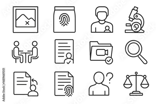 Legal Investigation Icons. Line style icons of legal investigations: crime scene photo, evidence bag icon, witness report icon,