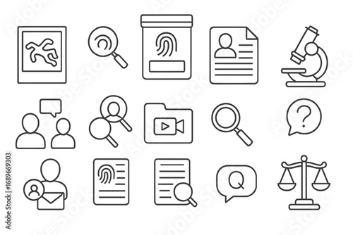 Legal Investigation Icons. Line style icons of legal investigations: crime scene photo, evidence bag icon, witness report icon,