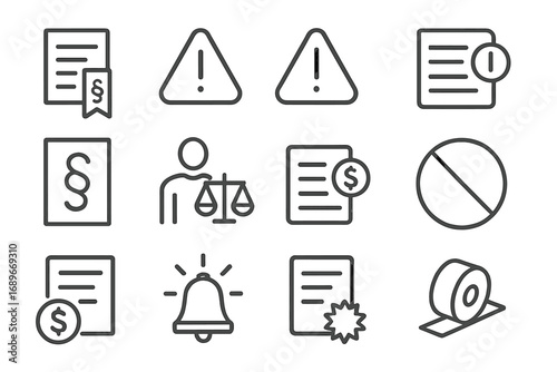 Legal Warning Icons. Line style icons of legal warning and signs: legal disclaimer, caution icon, warning triangle icon, notice