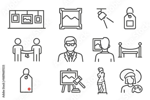 Art Gallery Icons. Line style icons of art exhibition: gallery wall, artwork frame, spotlight on art, exhibit tag, gallery opening