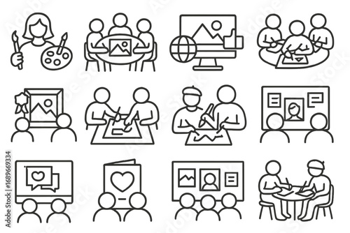 Creative Communities Icons. Line style icons of creative communities: art club icon, drawing circle, online challenge, group