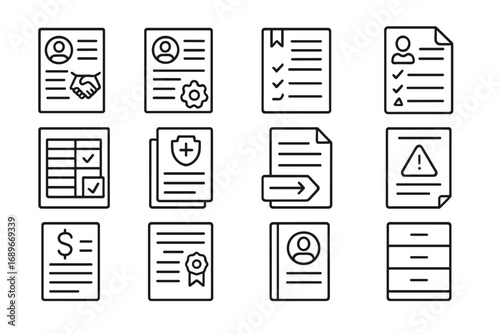 HR Documents Icons. Line style icons of HR documents: employment contract, job description file, policy manual, performance