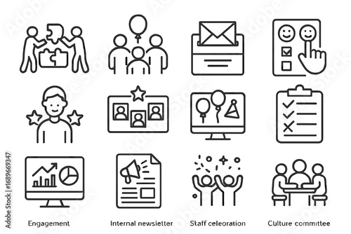 Employee Engagement Icons. Line style icons of employee engagement: team building icon, company event, suggestion box, feedback