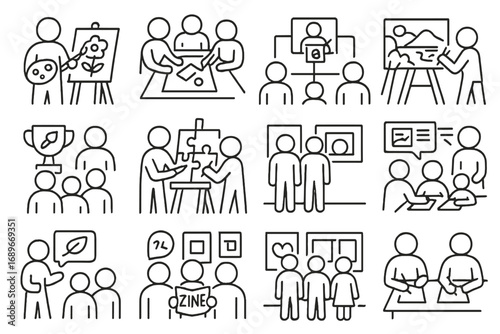 Creative Communities Icons. Line style icons of creative communities: art club icon, drawing circle, online challenge, group