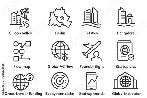 Global Startup Icons. Line style icons of global startup ecosystem: Silicon Valley icon, Berlin startup map, Tel Aviv icon,