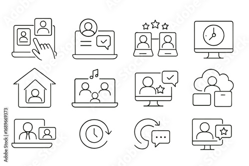 Remote HR Icons. Line style icons of remote work HR: remote onboarding, virtual check-in, remote collaboration icon, digital time