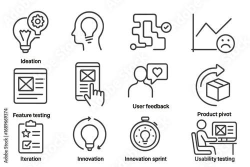 Product Innovation Icons. Line style icons of product innovation: product ideation, feature brainstorming, solution map, pain