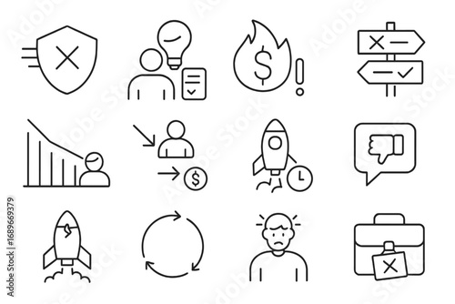 Startup Challenges Icons. Line style icons of startup failure learning: fail fast badge, lessons learned icon, burn rate alert,