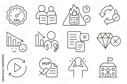 Startup Challenges Icons. Line style icons of startup failure learning: fail fast badge, lessons learned icon, burn rate alert,