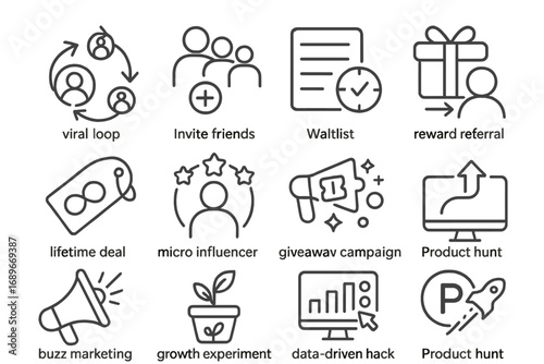 Startup Growth Icons. Line style icons of startup growth hacks: viral loop icon, invite friends icon, waitlist boost, reward