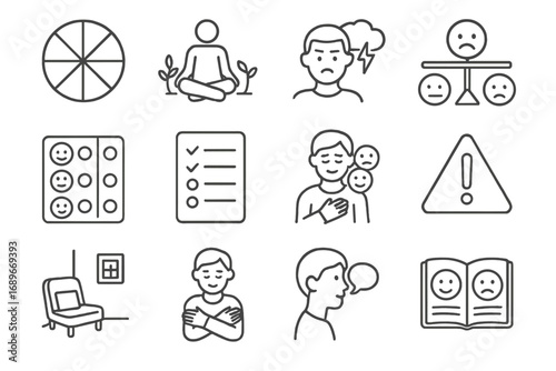 Emotional Regulation Icons. Line style icons of emotional regulation: emotion wheel icon, grounding exercise icon, anger