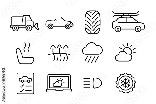Seasonal Transport Icons. Line style icons of seasonal transport: snow plow icon, summer convertible, winter tire icon, ski rack
