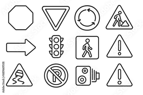 Road Sign Icons. Line style icons of road signs and symbols: stop sign icon, yield sign, roundabout symbol, road work sign,