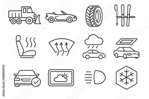 Seasonal Transport Icons. Line style icons of seasonal transport: snow plow icon, summer convertible, winter tire icon, ski rack