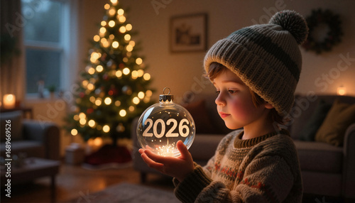 A child holds a glowing 2026 Christmas tree toy against a Christmas tree background.