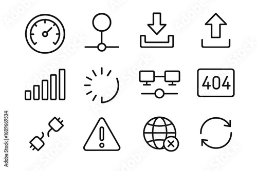 Internet Speed Icons. Line style icons of internet speed and status: speed test gauge, ping meter icon, download speed icon,