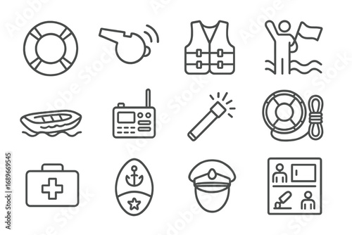 Water Safety Icons. Line style icons of water transport safety: lifebuoy icon, emergency whistle, life vest, distress signal icon,