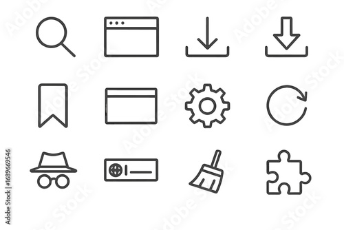 Internet Tools Icons. Line style icons of internet tools: search engine icon, web browser, download icon, upload icon, bookmark