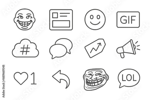Internet Culture Icons. Line style icons of internet culture: meme icon, social media post, emoji icon, GIF icon, hashtag cloud,