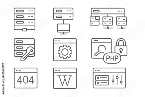Web Hosting Icons. Line style icons of web server and hosting: server rack icon, VPS icon, shared hosting, root access icon,