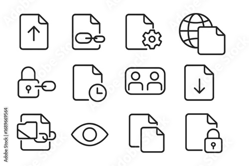 Online Data Icons. Line style icons of online data sharing: file upload icon, document link icon, permission settings icon, public