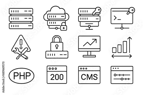 Web Hosting Icons. Line style icons of web server and hosting: server rack icon, VPS icon, shared hosting, root access icon,