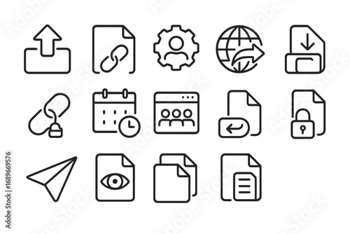 Online Data Icons. Line style icons of online data sharing: file upload icon, document link icon, permission settings icon, public