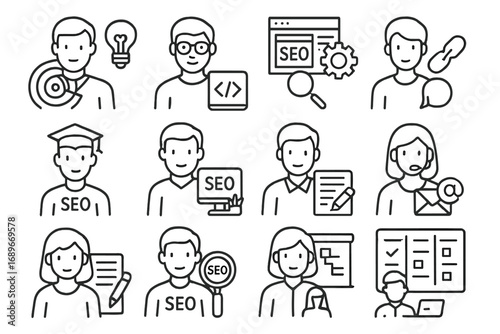SEO Team Roles Icons. Line style icons of SEO team roles: SEO strategist icon, technical SEO specialist, content SEO icon, link