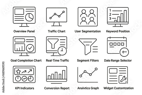 SEO Dashboard Icons. Line style icons of SEO dashboards: overview panel icon, traffic chart icon, user segmentation, keyword